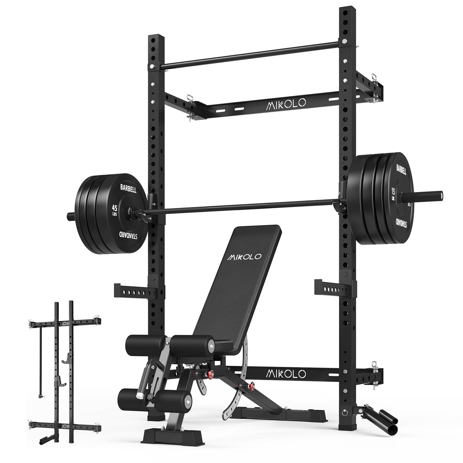 Space Saving Folding Wall Squat Rack 1000lb with Pull Up Attachments
