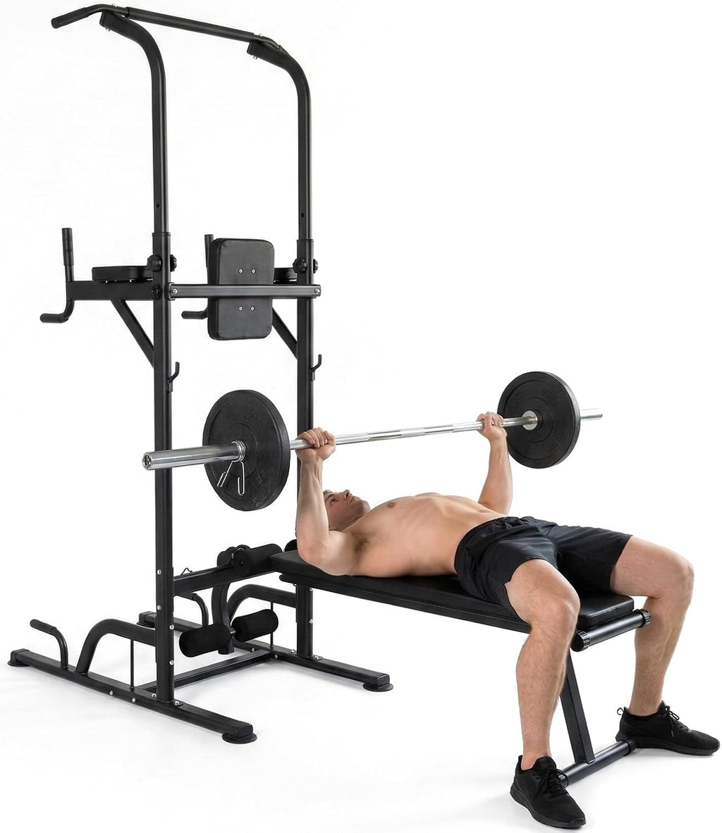 All-in-One Power Tower Pull Up Dip Station with Collapsible Bench