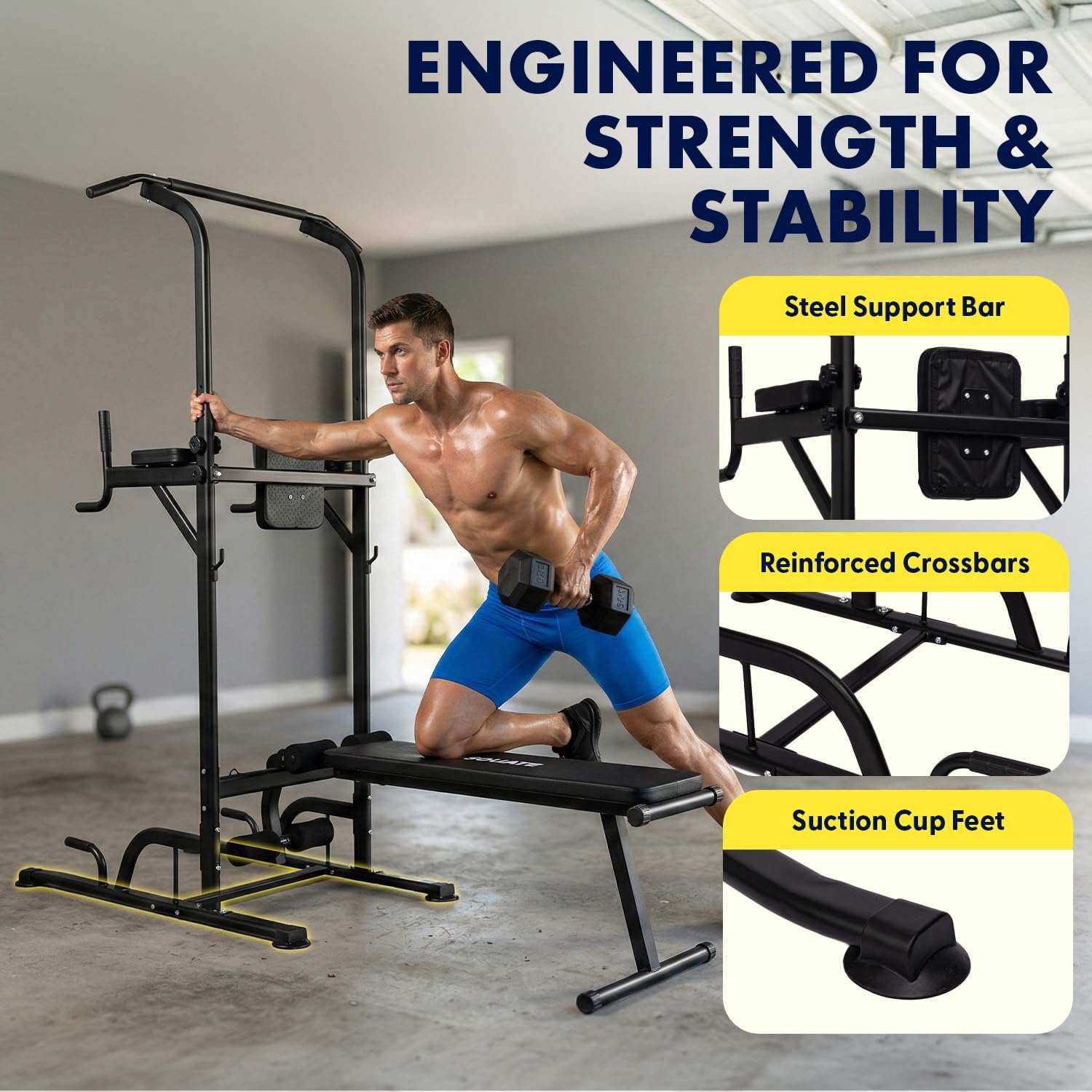 All-in-One Power Tower Pull Up Dip Station with Collapsible Bench