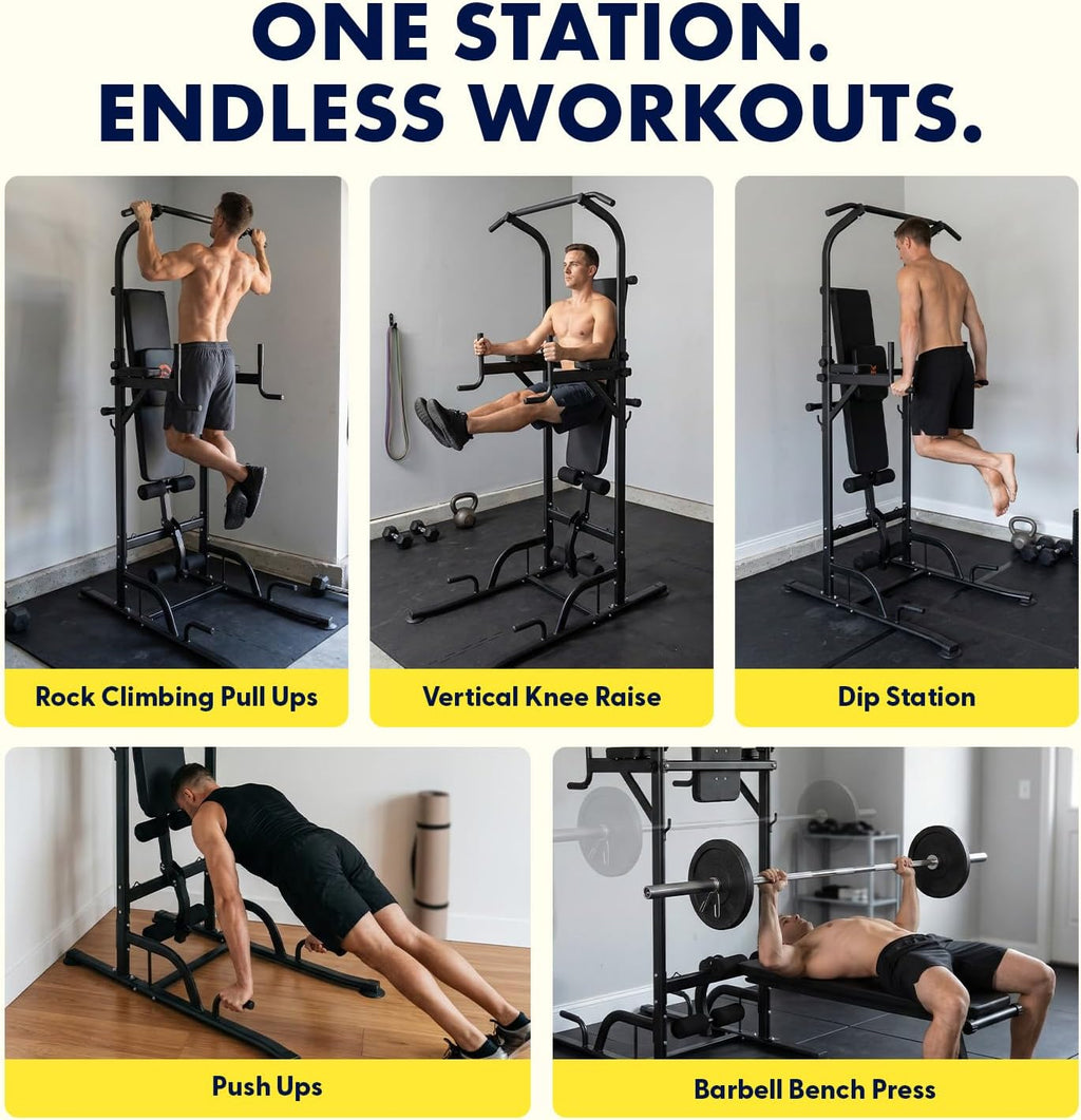 All-in-One Power Tower Pull Up Dip Station with Collapsible Bench