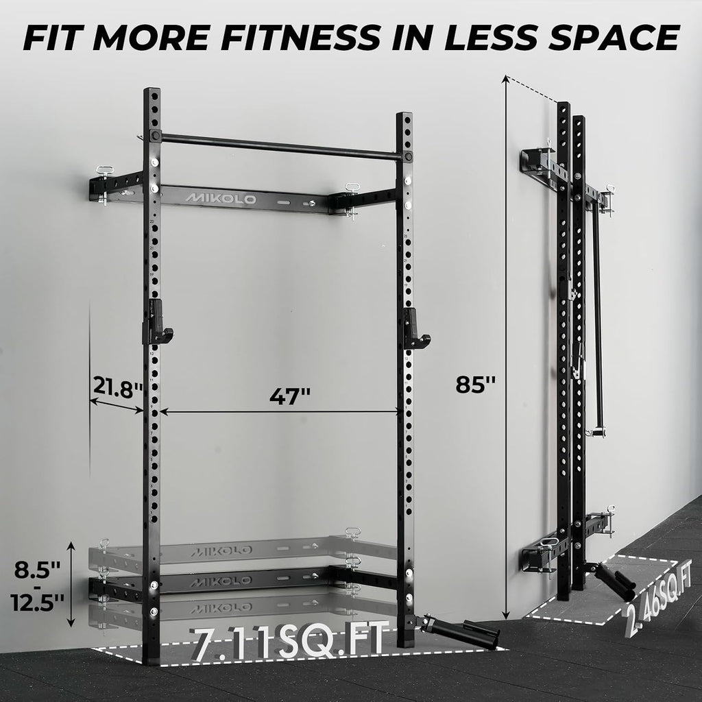 Space Saving Folding Wall Squat Rack 1000lb with Pull Up Attachments