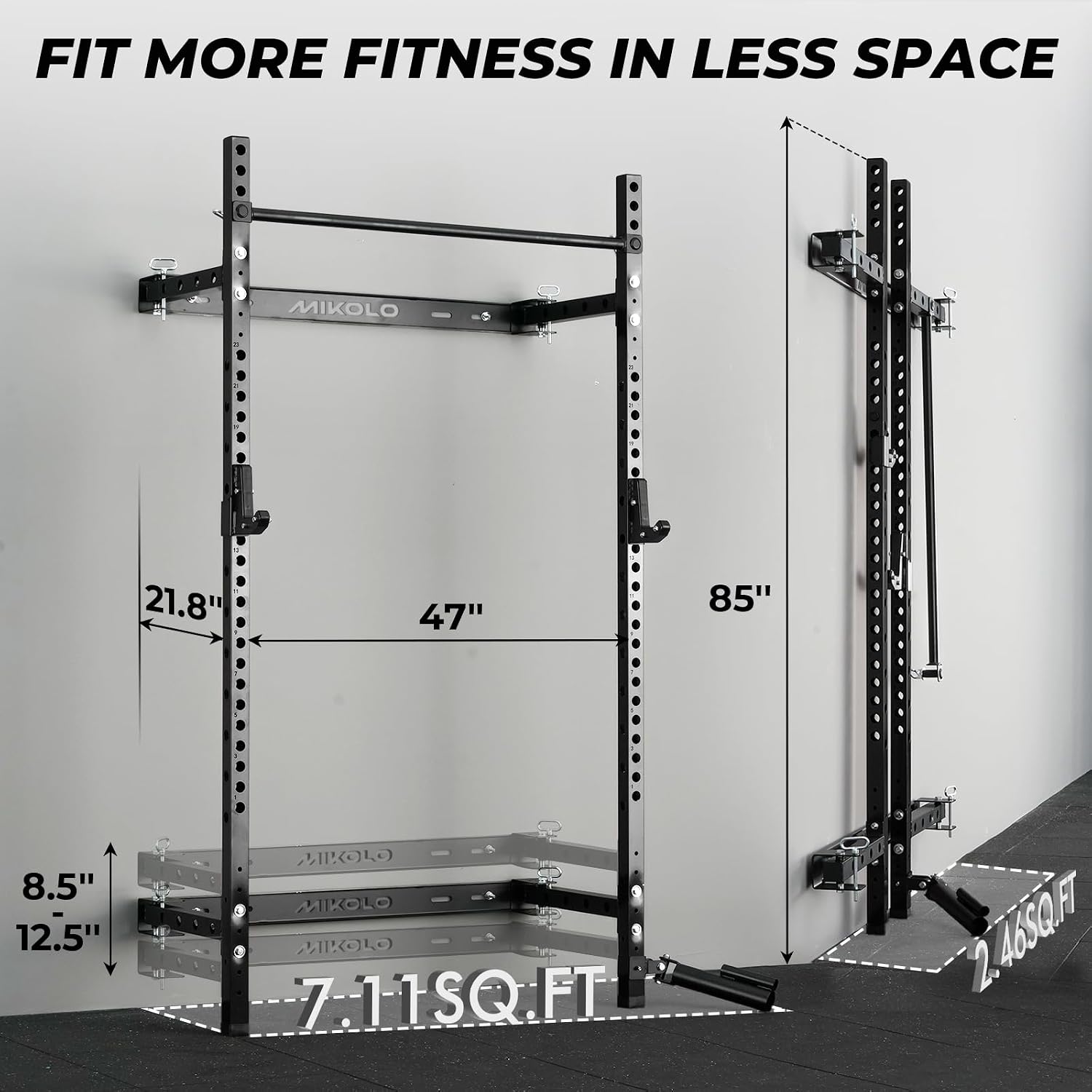 Space Saving Folding Wall Squat Rack 1000lb with Pull Up Attachments