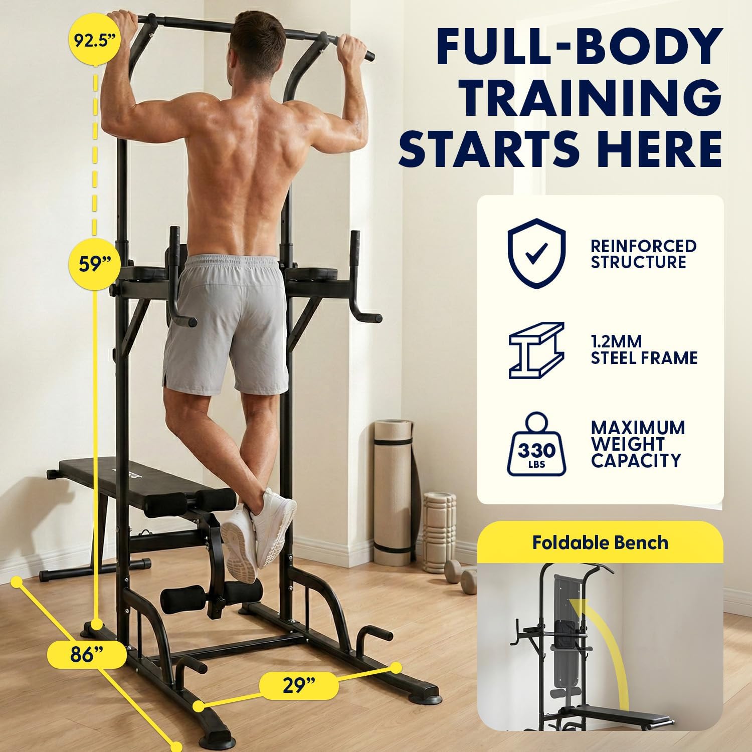 All-in-One Power Tower Pull Up Dip Station with Collapsible Bench