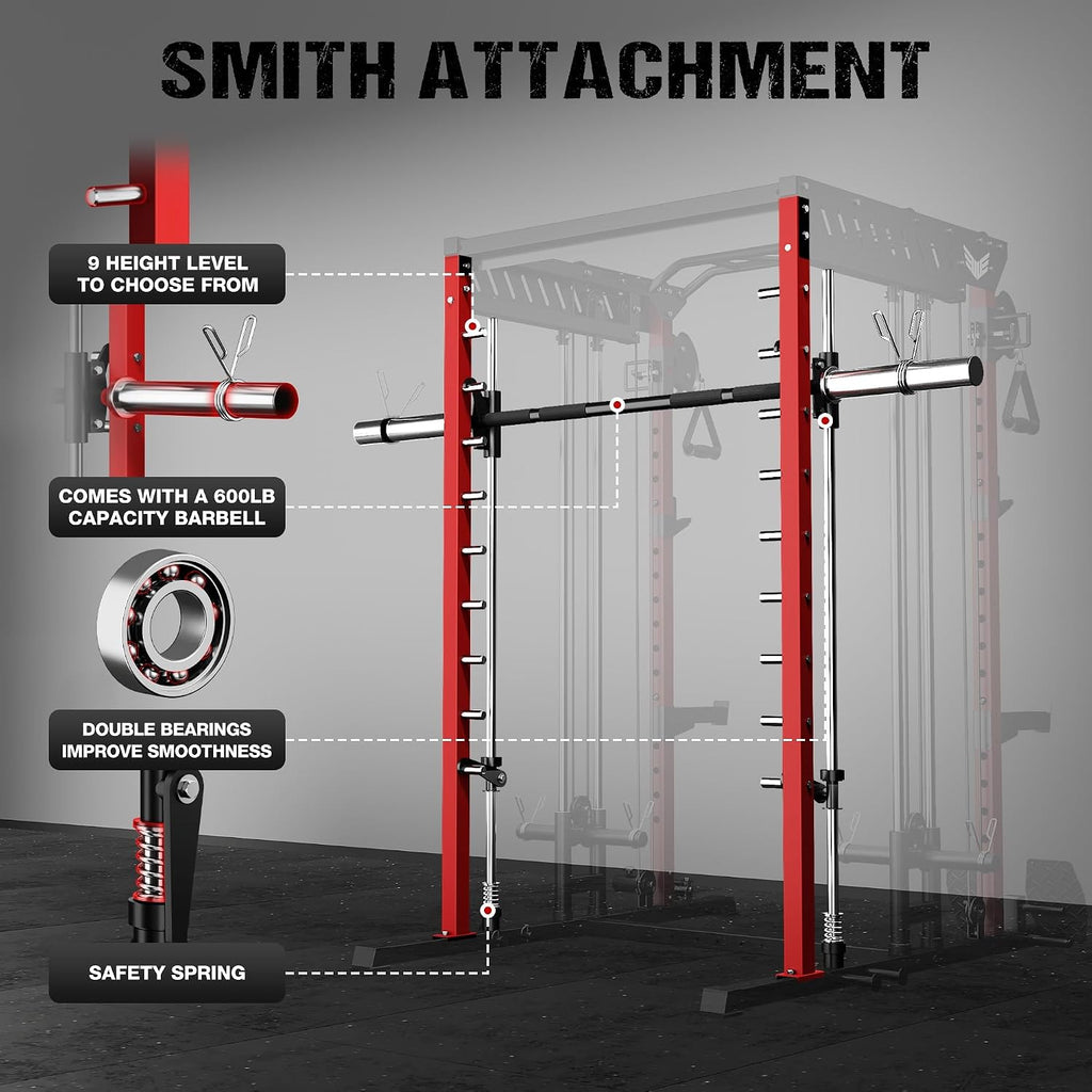 2000LBS Multi-Function Smith Machine Dual Pulley Gym Cage