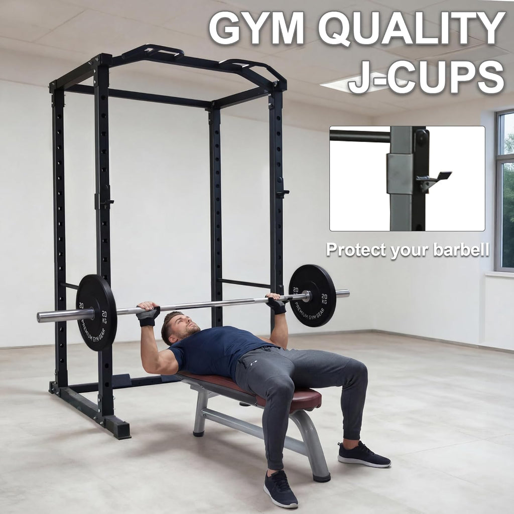 Multi-Spec Power Cage Squat Rack with J-Hooks Safety Straps Accessories