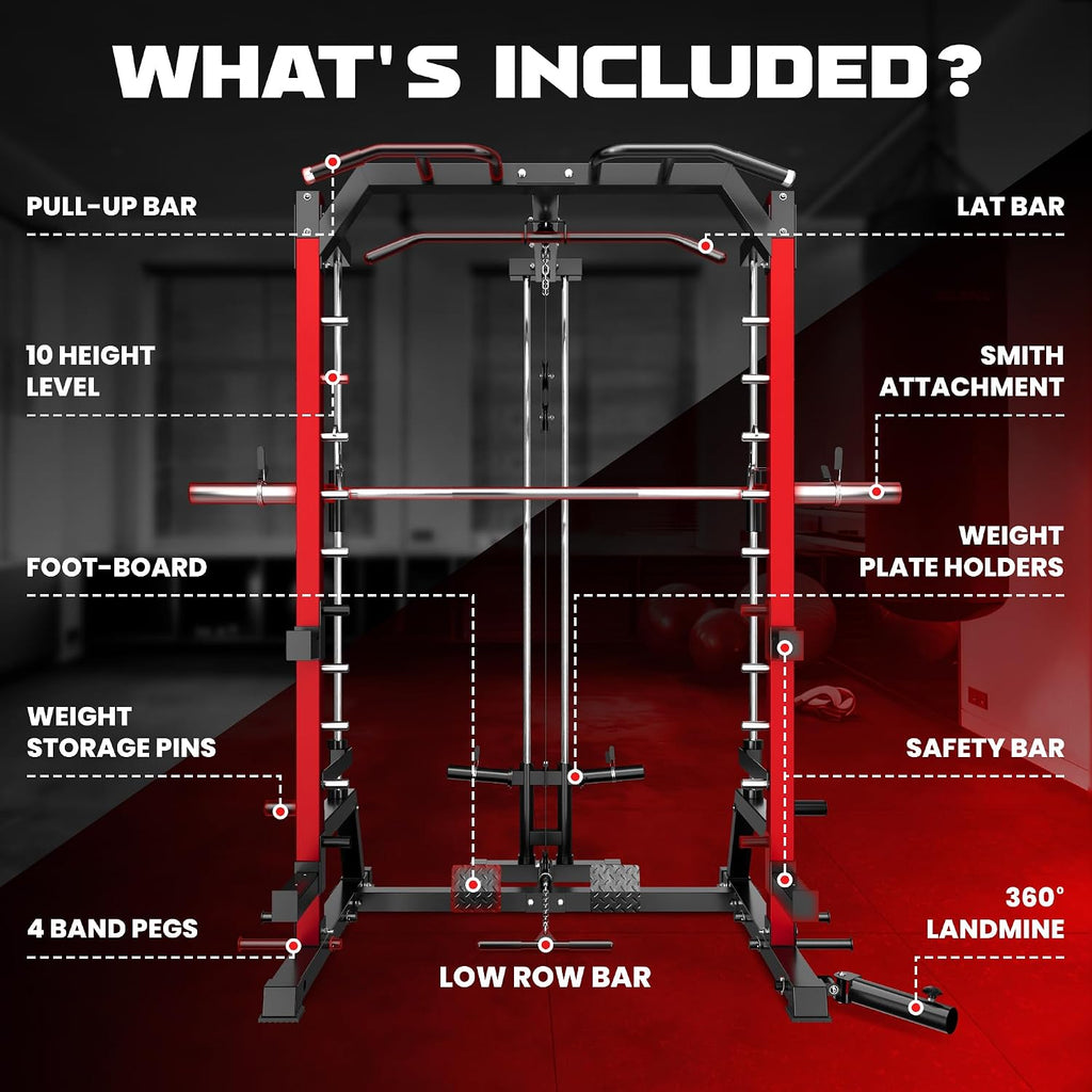 2000LBS Multi-Function Smith Machine LAT Pulldown Squat Rack
