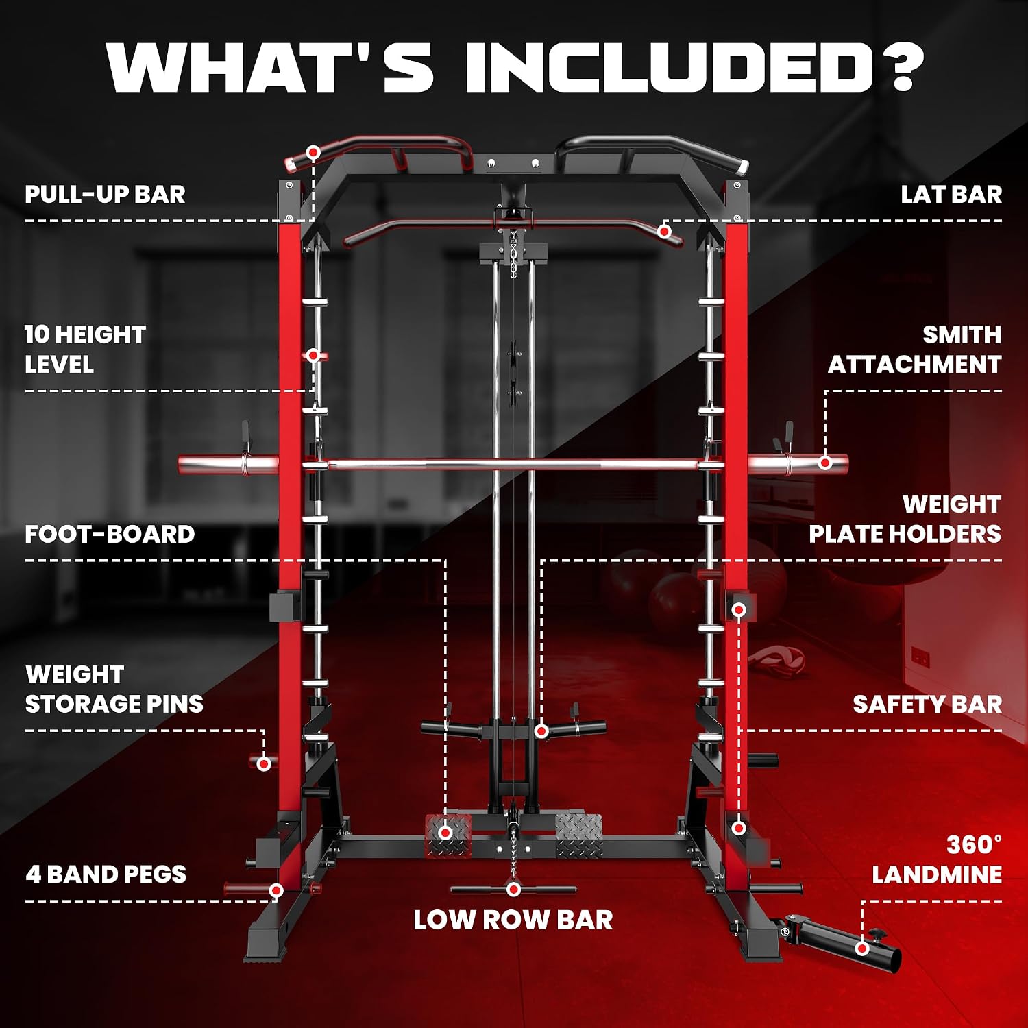 2000LBS Multi-Function Smith Machine LAT Pulldown Squat Rack