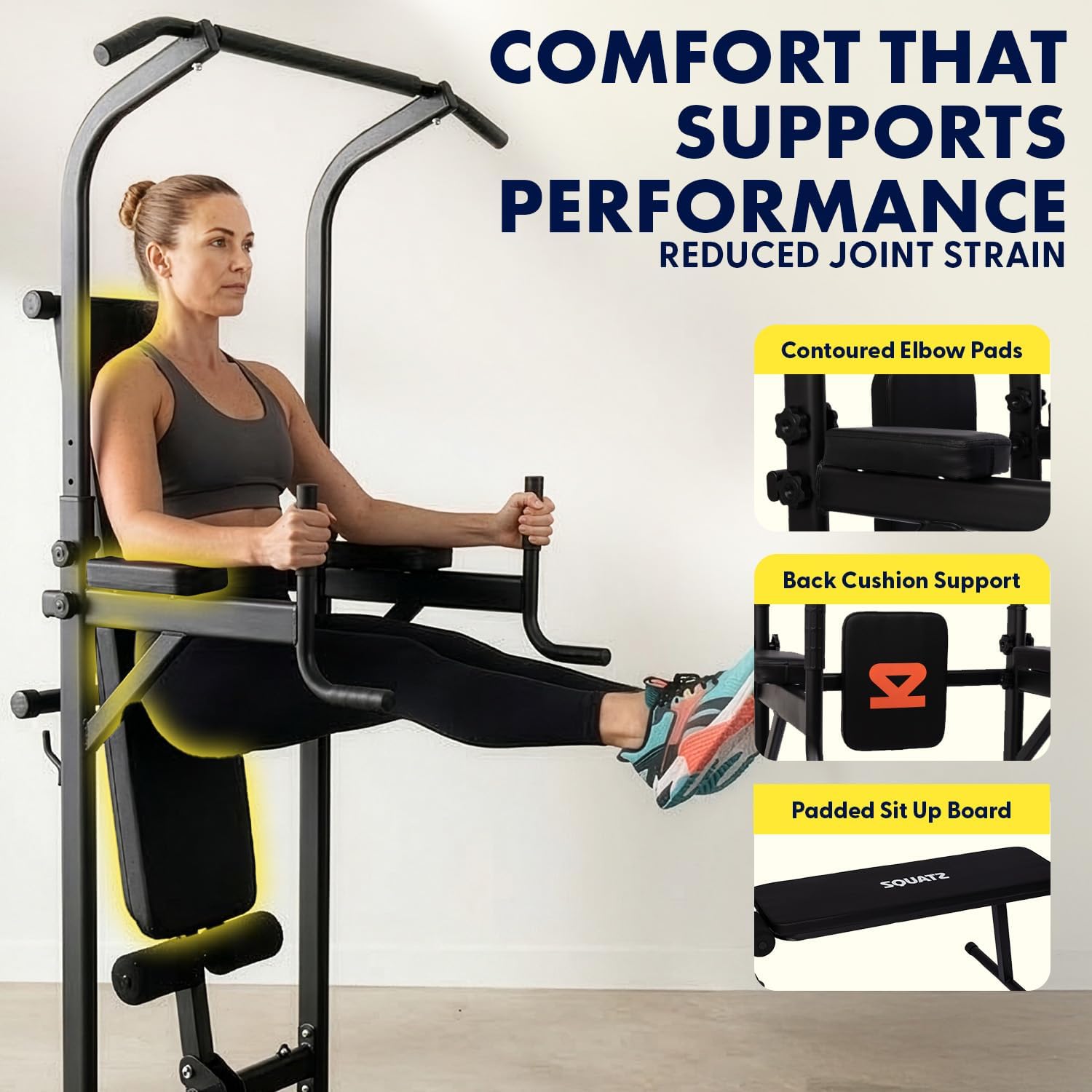 All-in-One Power Tower Pull Up Dip Station with Collapsible Bench