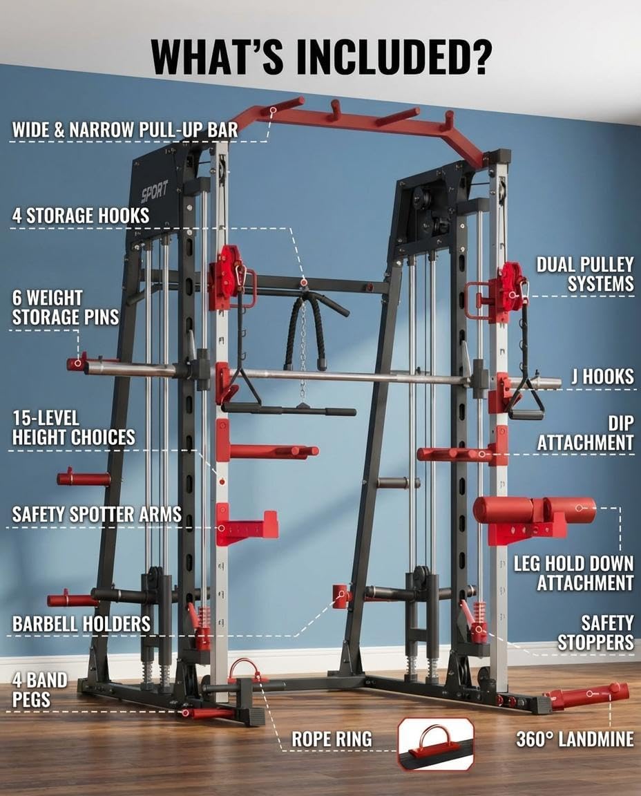 2200LB Smith Machine Power Cage Dual Pulley Full Body Gym