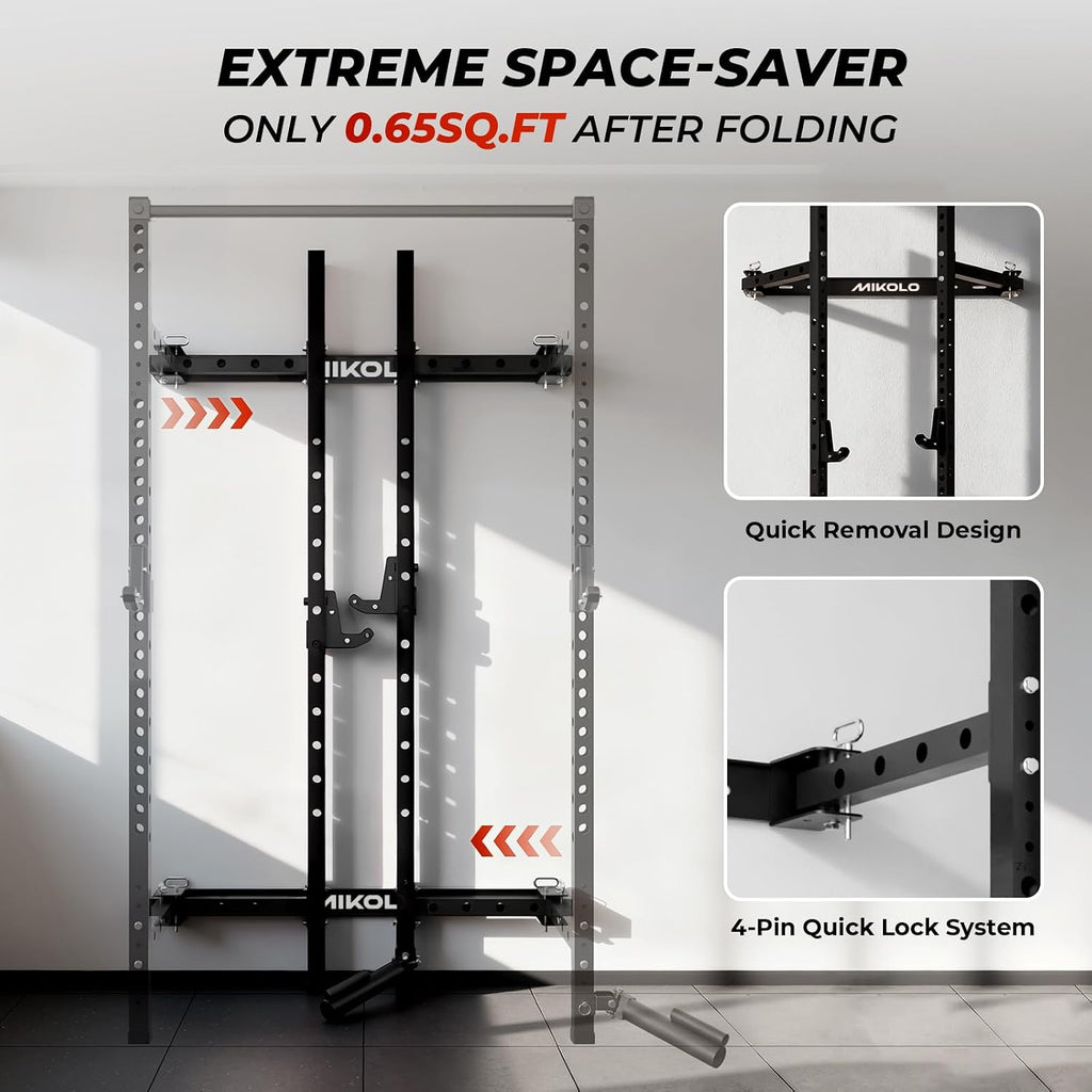 Space Saving Folding Wall Squat Rack 1000lb with Pull Up Attachments