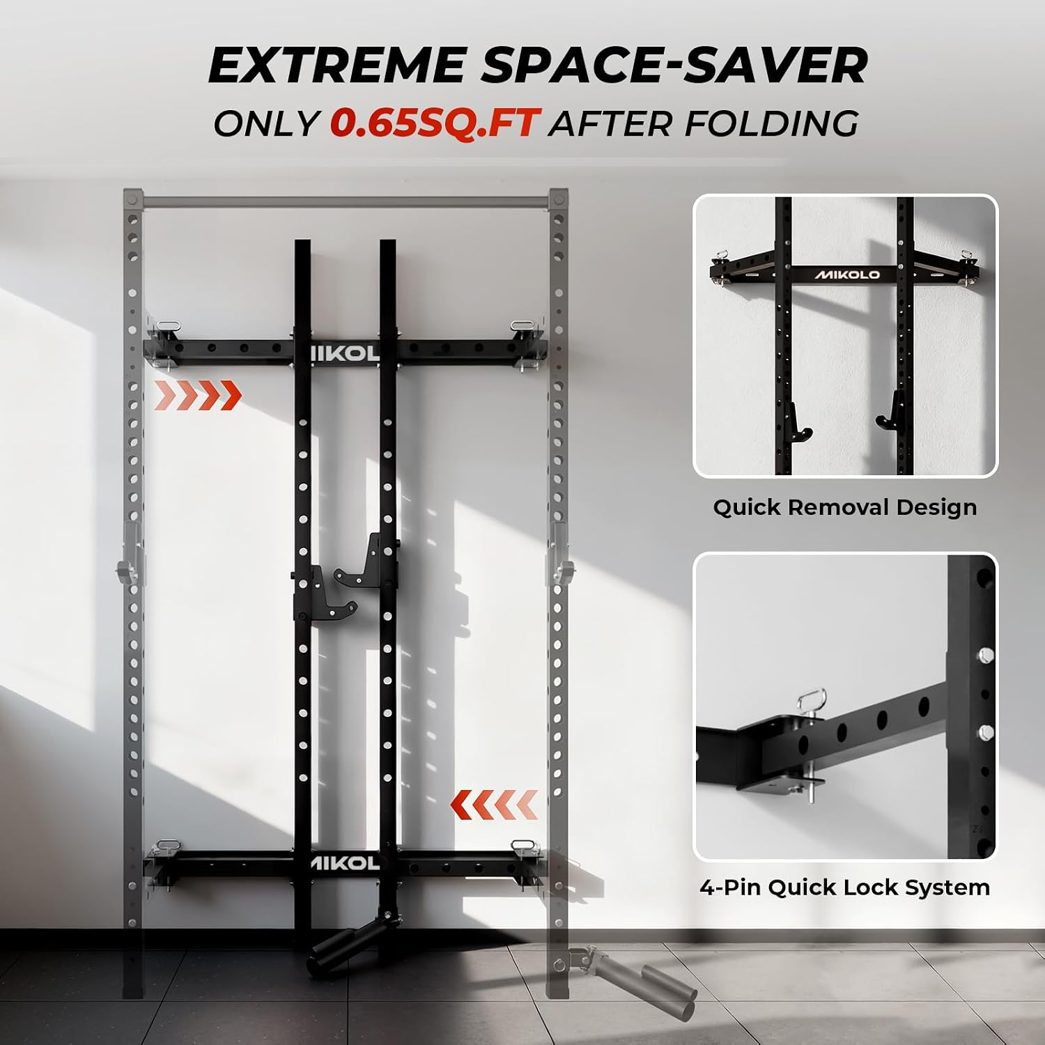 Space Saving Folding Wall Squat Rack 1000lb with Pull Up Attachments