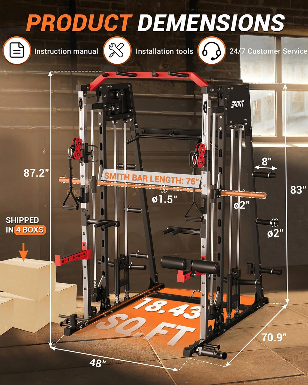 2200LBS All-in-One Smith Machine LAT Pulldown Gym Rack