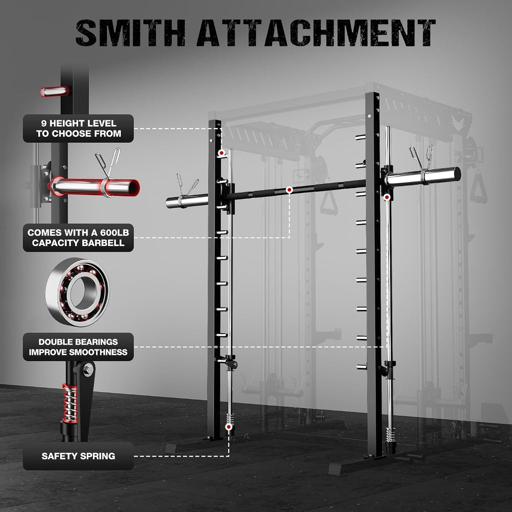 2000LBS All-in-One Smith Machine Dual Pulley Squat Rack