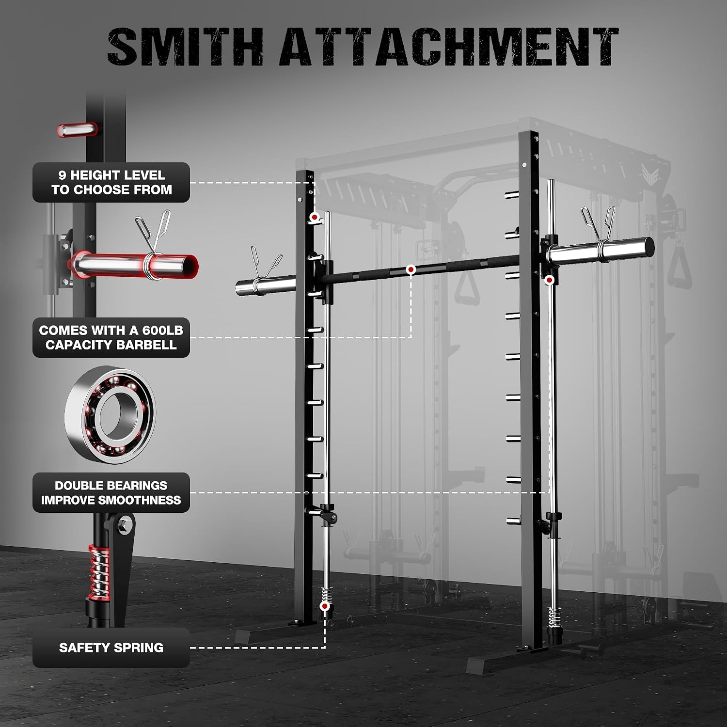 2000LBS All-in-One Smith Machine Dual Pulley Squat Rack