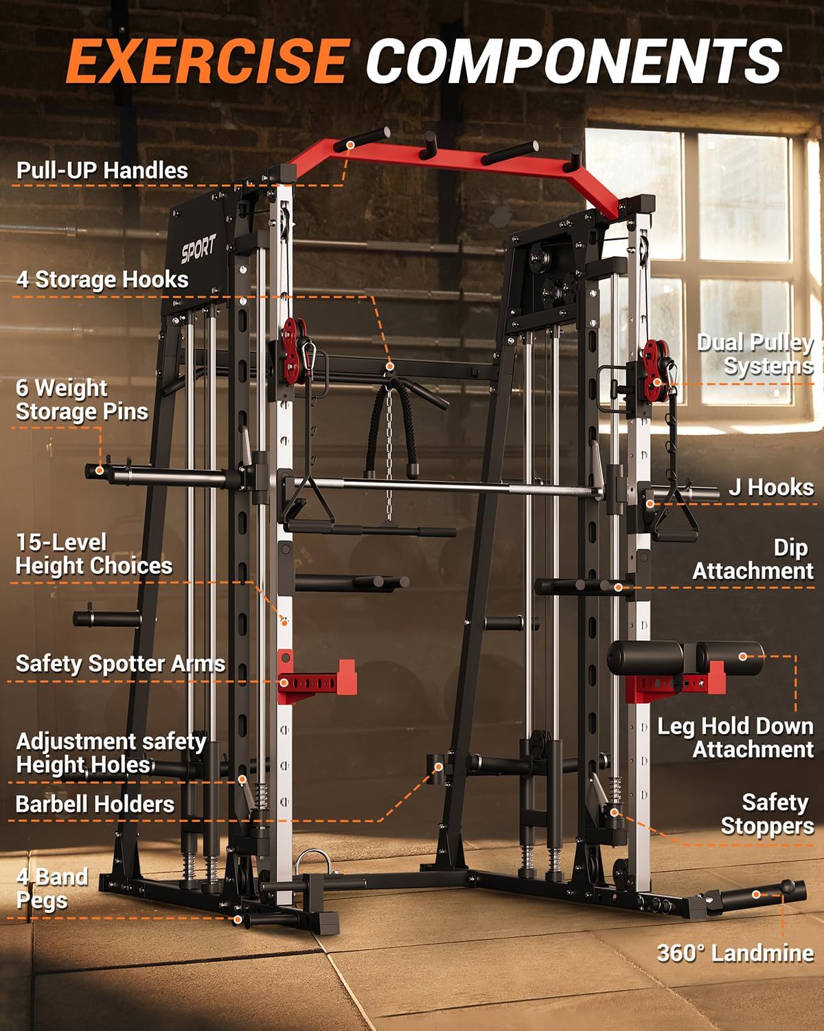 2200LBS All-in-One Smith Machine LAT Pulldown Gym Rack