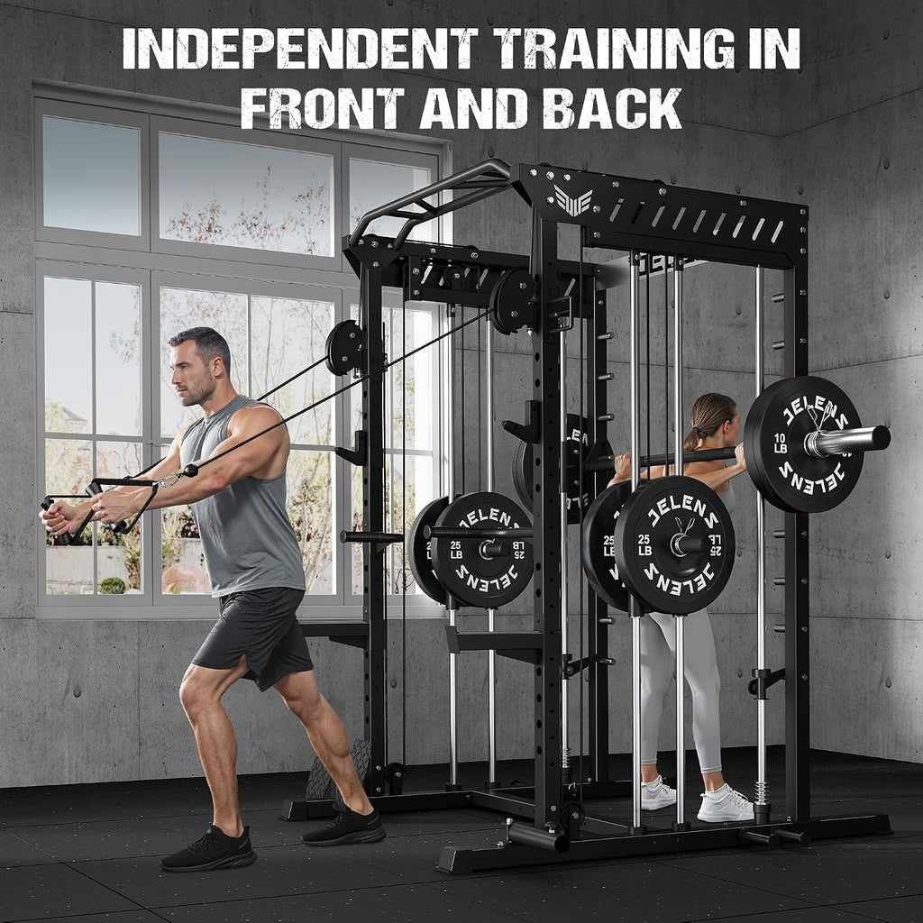 2000LBS All-in-One Smith Machine Dual Pulley Squat Rack