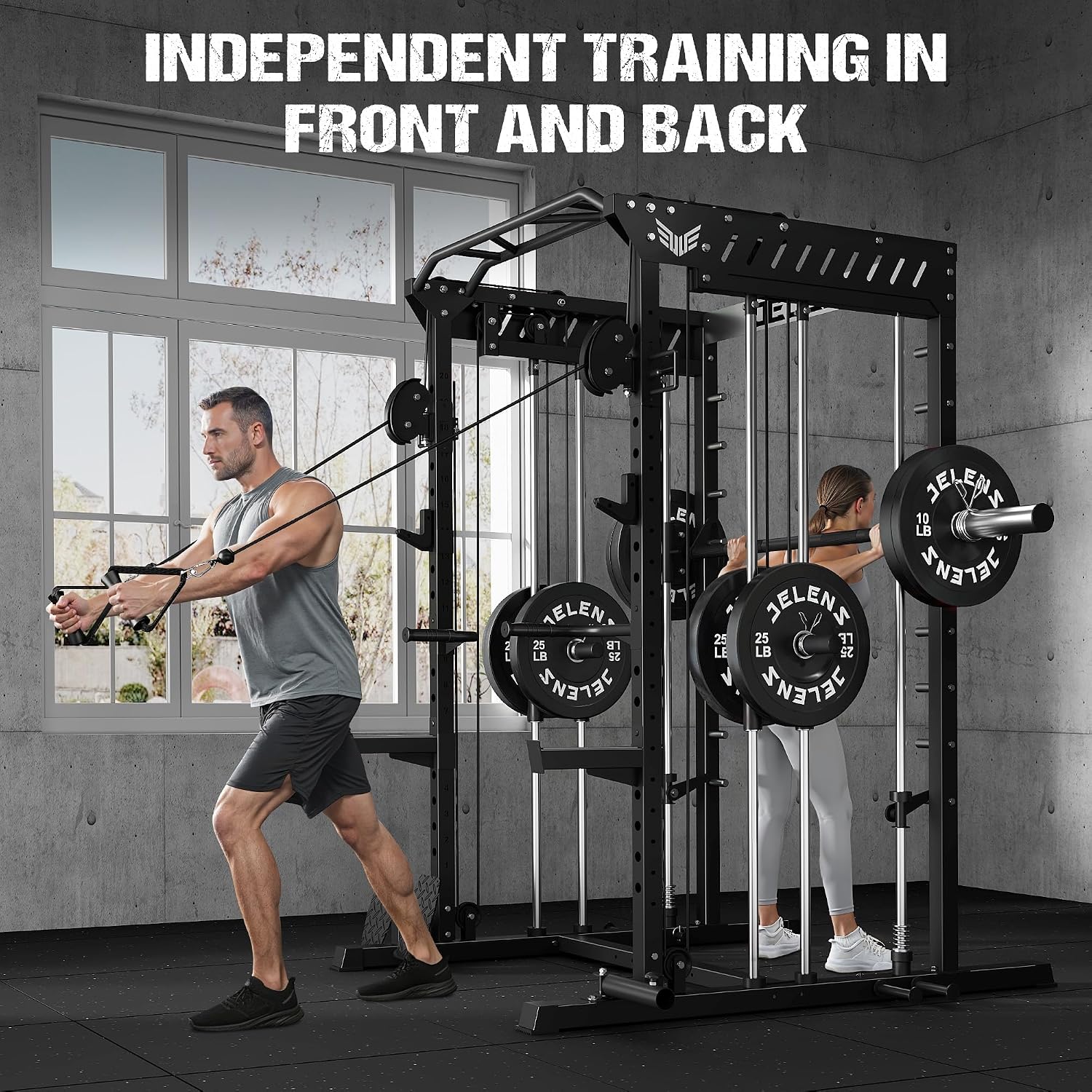 2000LBS All-in-One Smith Machine Dual Pulley Squat Rack