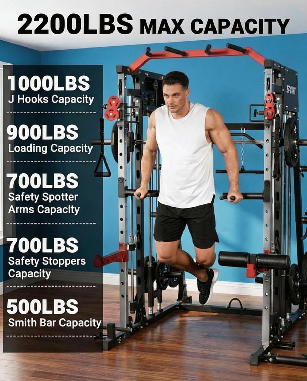 2200LB Smith Machine Power Cage Dual Pulley Full Body Gym