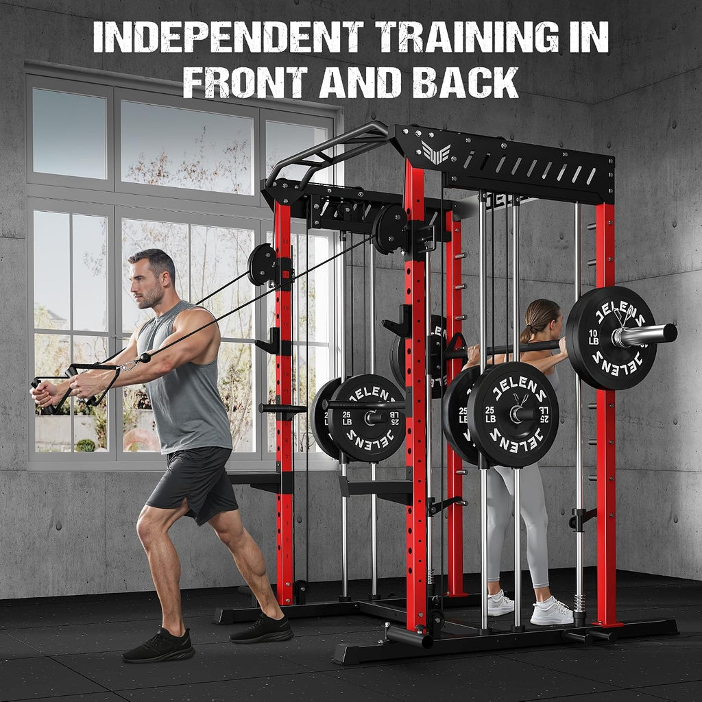 2000LBS Multi-Function Smith Machine Dual Pulley Gym Cage