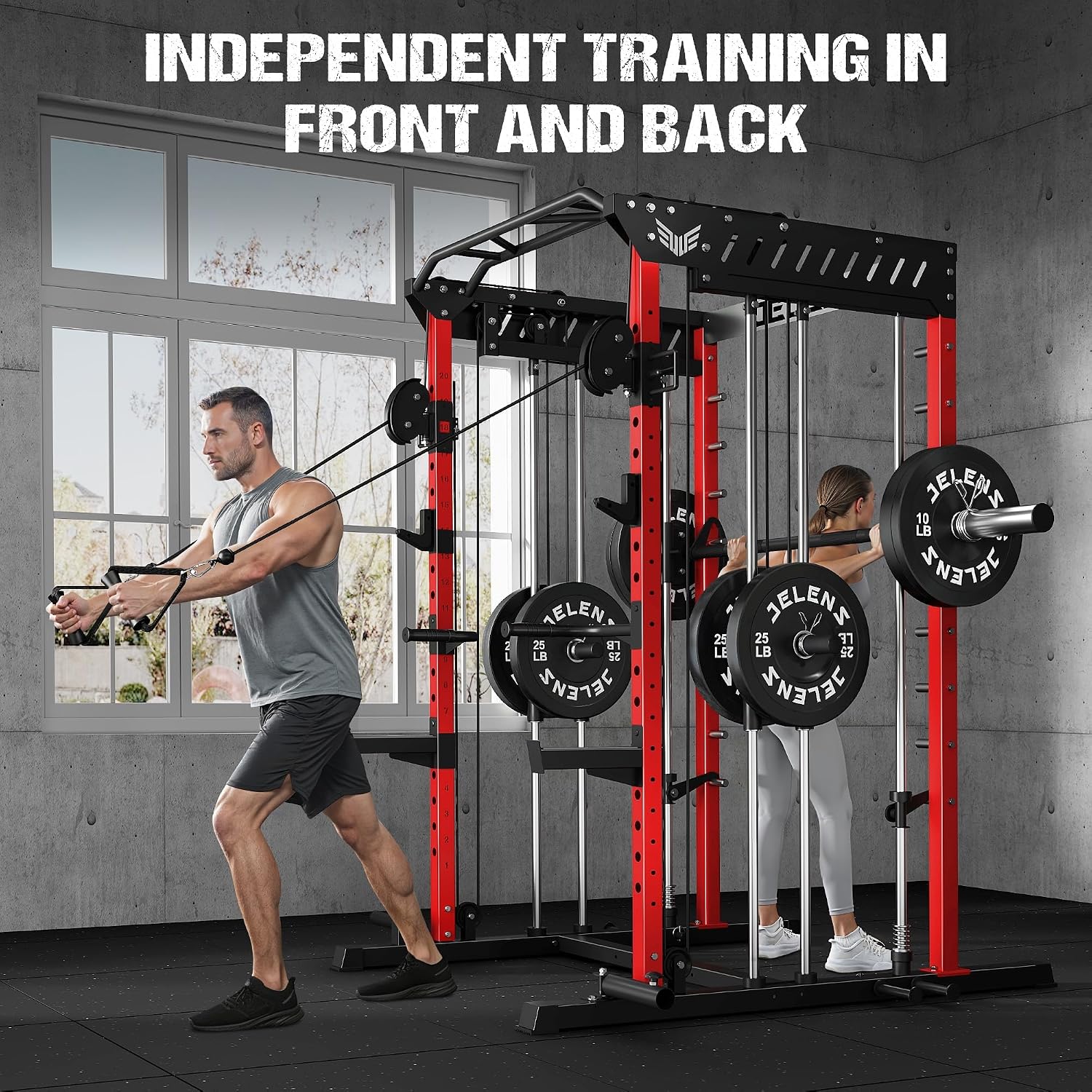 2000LBS Multi-Function Smith Machine Dual Pulley Gym Cage