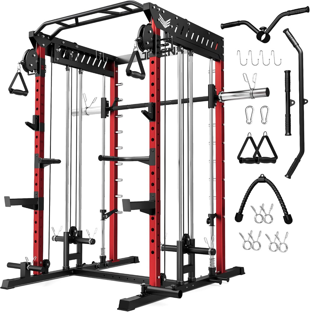 2000LBS Multi-Function Smith Machine Dual Pulley Gym Cage