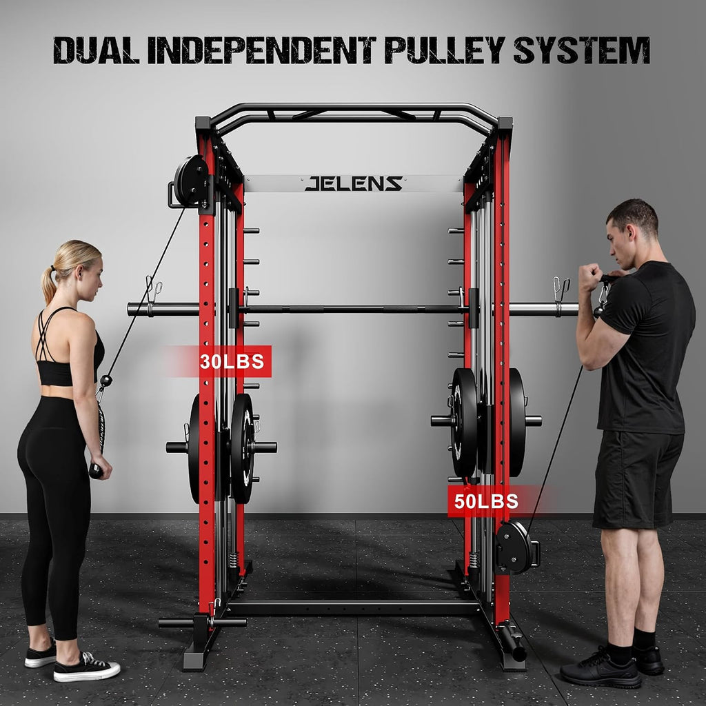 2000LBS Multi-Function Smith Machine Dual Pulley Gym Cage